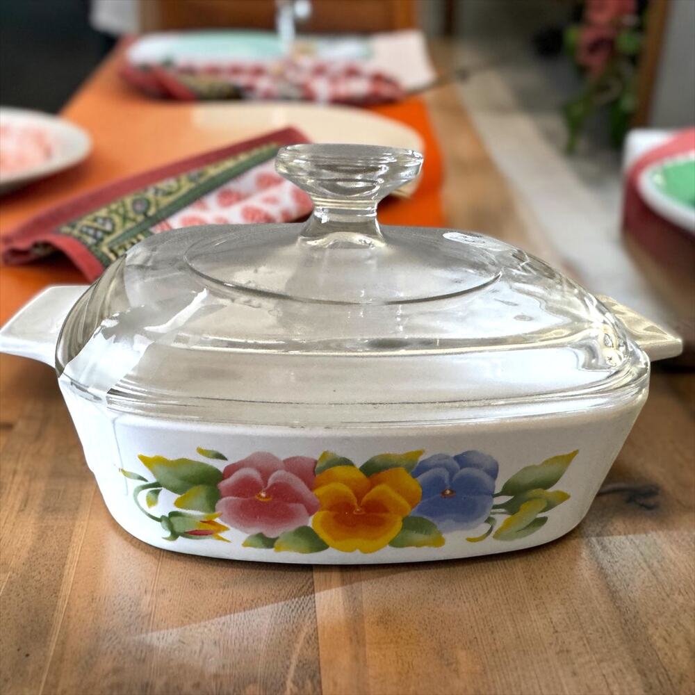 Vintage Corning Ware Summer Blush Pansy 1 Qt Casserole Glass Lid 1990s Floral
